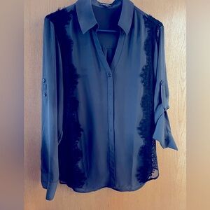 Express Gray and Black Lace Button Down Blouse With Roll Up Sleeves.   Size L